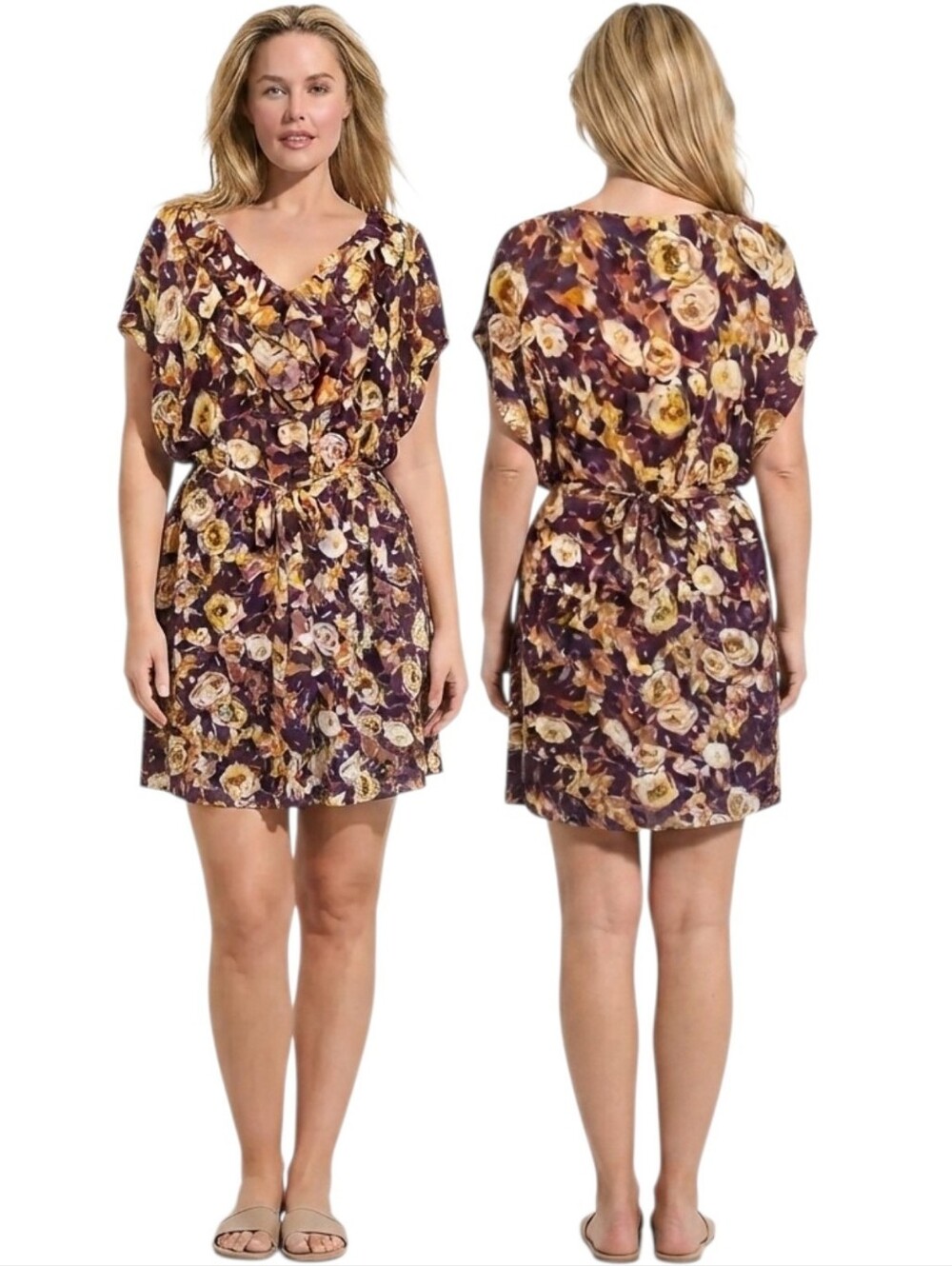 LANDS END Purple & Gold Floral Print Ruffle Trim Blouson Dress - Size 18